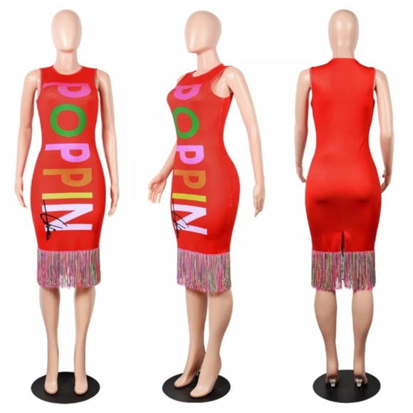 New Red Poppin Fringe Dress - Picture 7 of 8